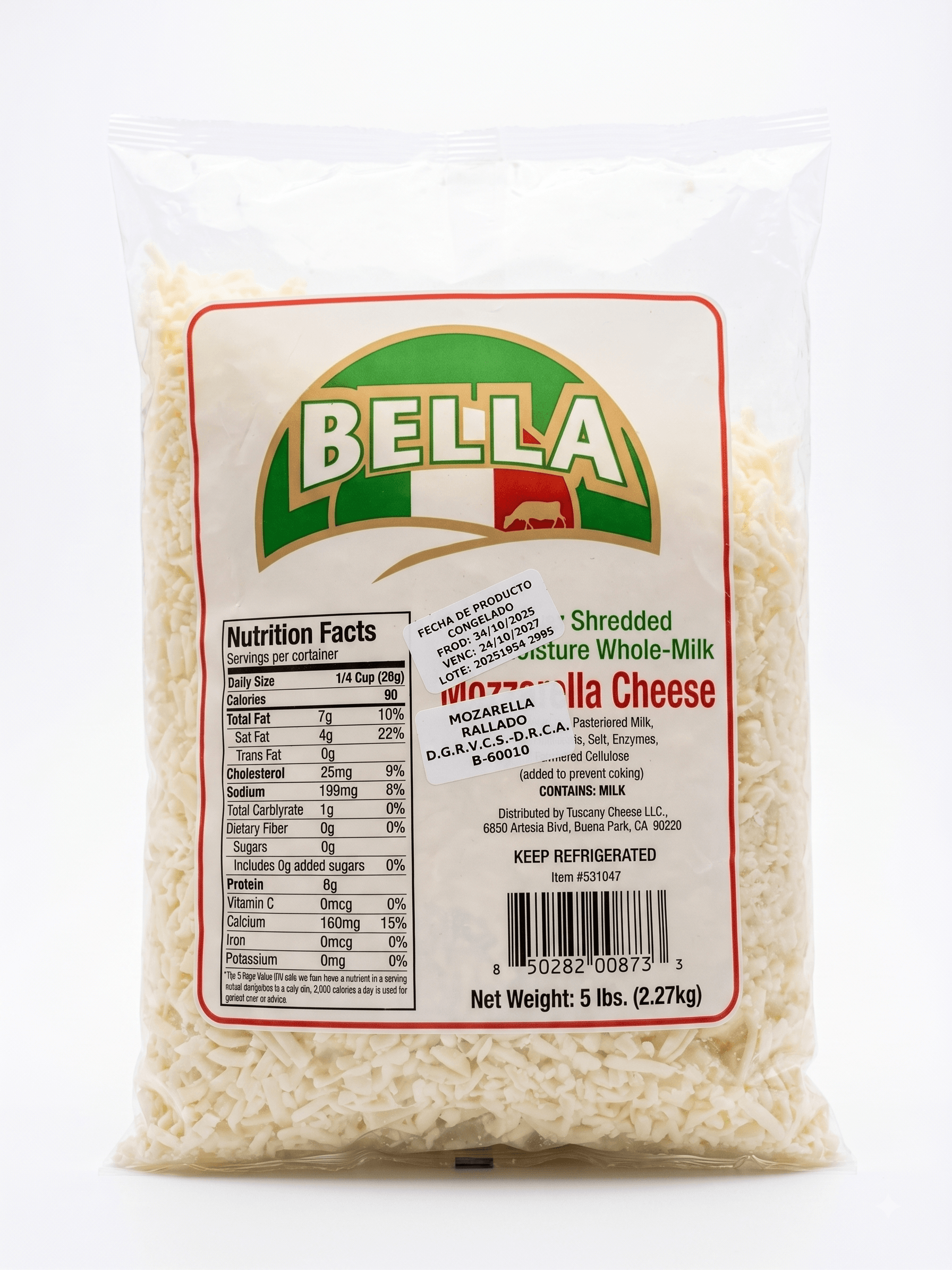 QUESO MOZ. RALLADO "BELLA" BOLSA DE 5 LBS. (UNIDAD)